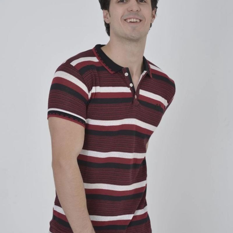 Erkek Polo Yaka tişört Slim Fit Dokuma Çizgili Kısa kol T-Shirt - Bordo